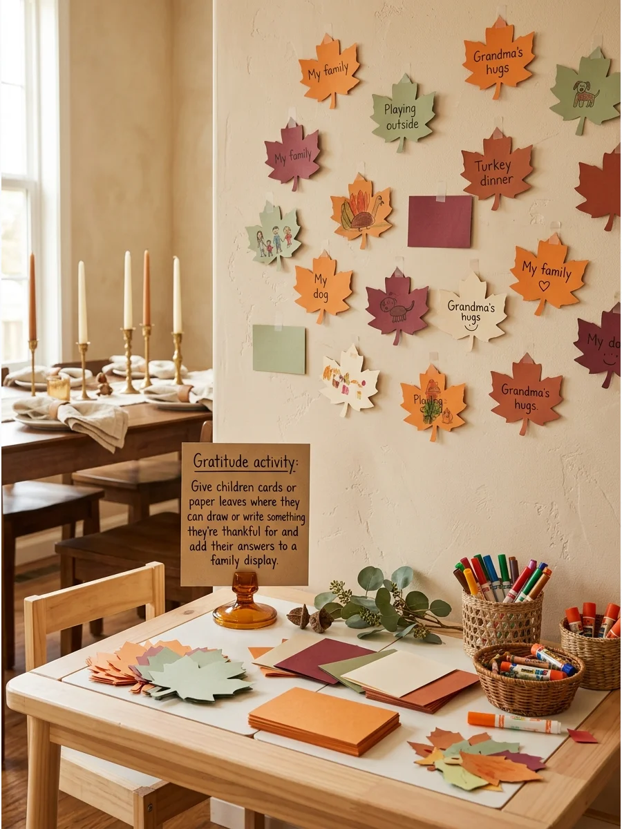 Paper leaves and markers on a small table for a kids' gratitude activity.