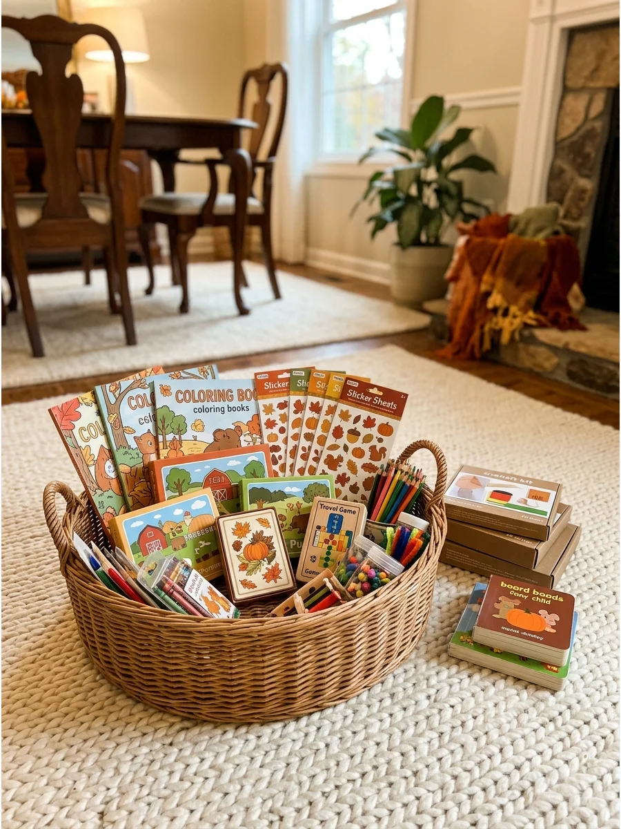 A wicker basket filled with quiet toys and books for children.