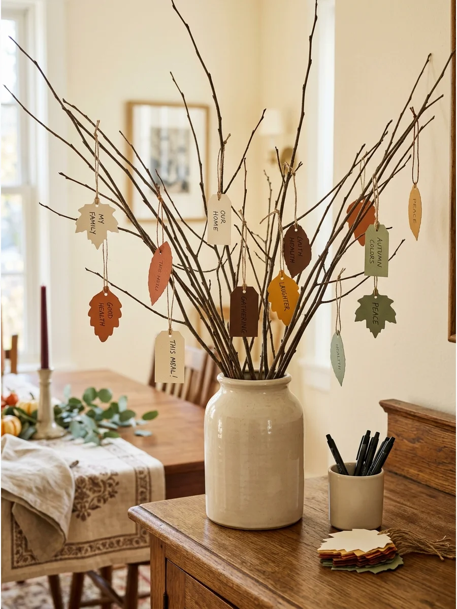 A decorative gratitude tree made of branches with hanging paper tags.