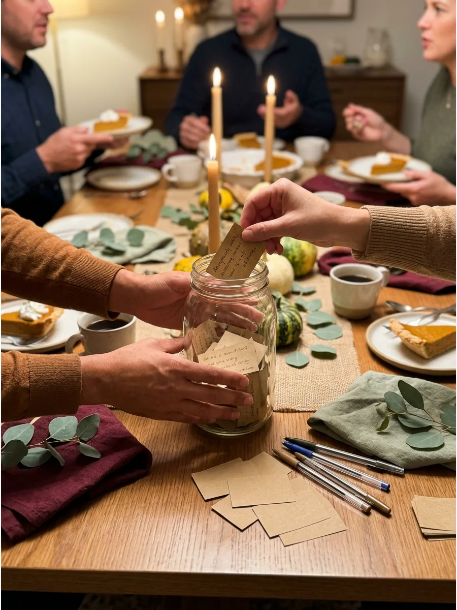 A glass jar for gratitude notes on a decorated Thanksgiving table.
