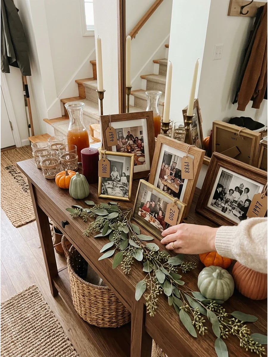 Framed family photos displayed on a wooden console table.