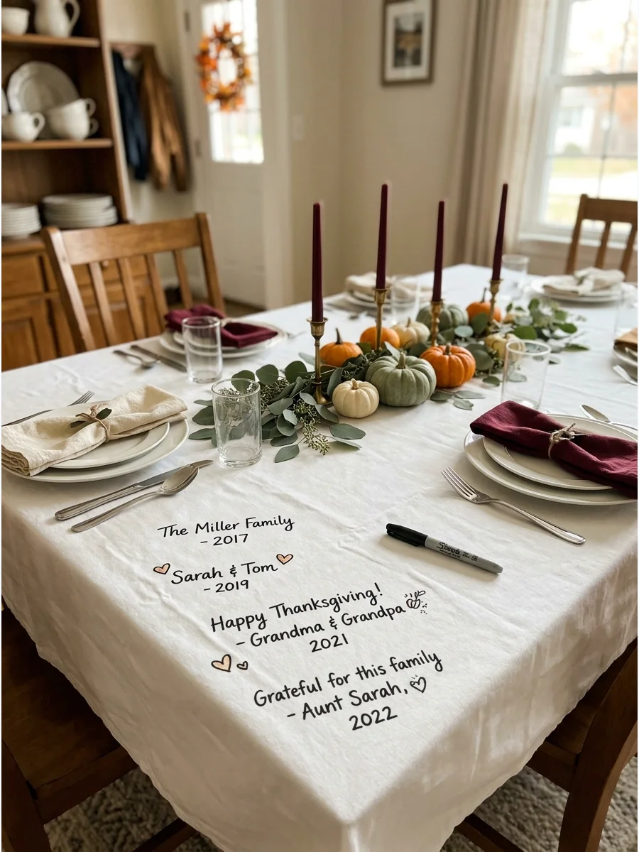 A white tablecloth with signatures and dates from guests.
