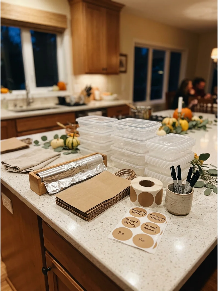 A kitchen counter organized with food containers and foil for leftovers.