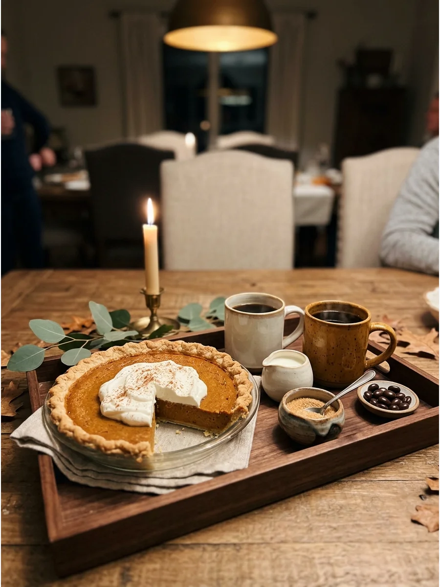 A coffee and dessert tray with pumpkin pie and mugs.