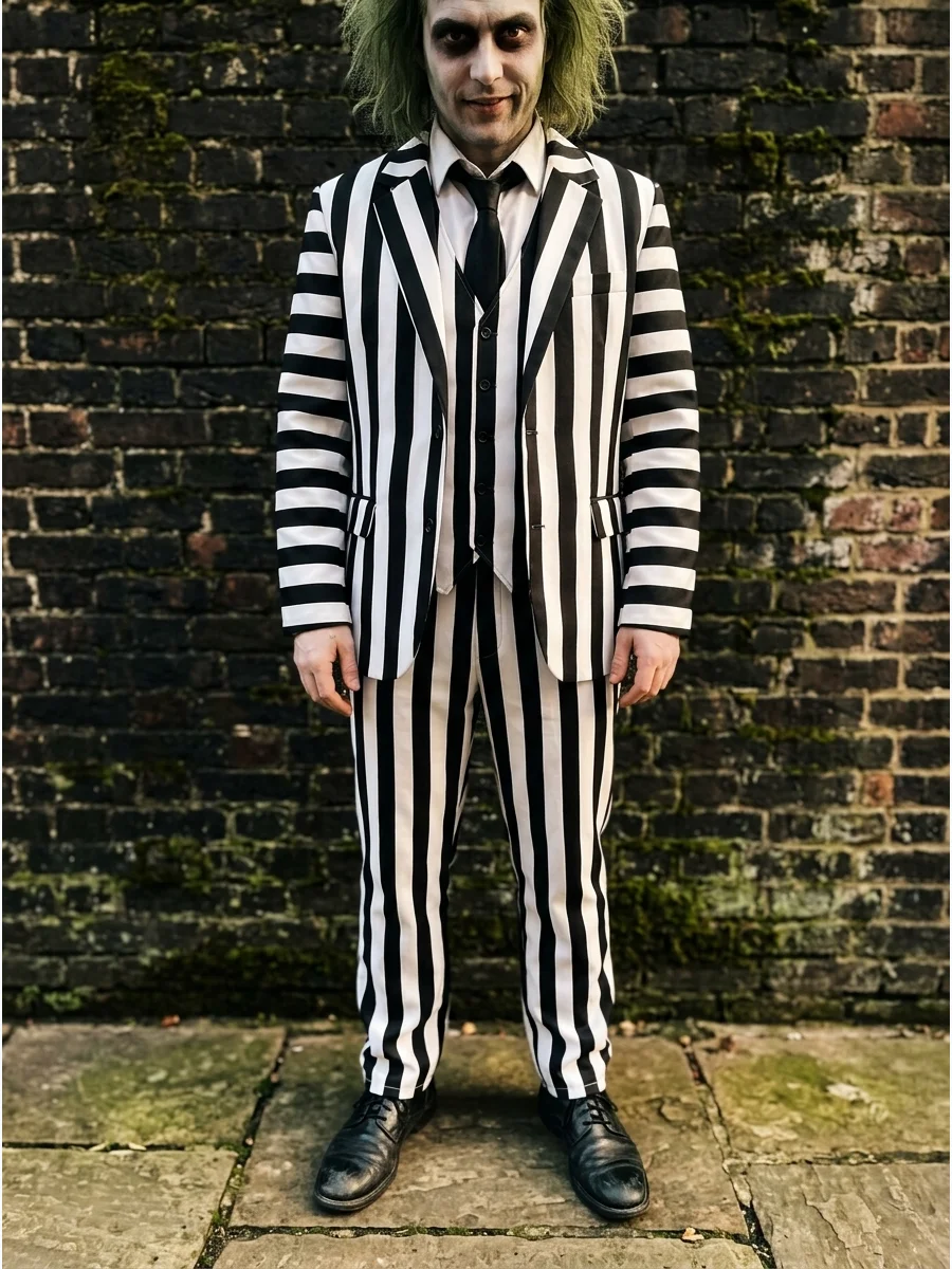 A person wearing a black and white striped suit with green hair.