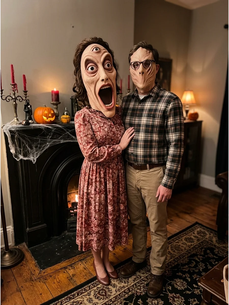A couple wearing vintage clothes and distorted masks.