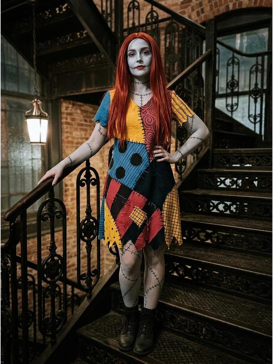 A classic Sally costume featuring a patchwork dress and blue face paint on a dark staircase.