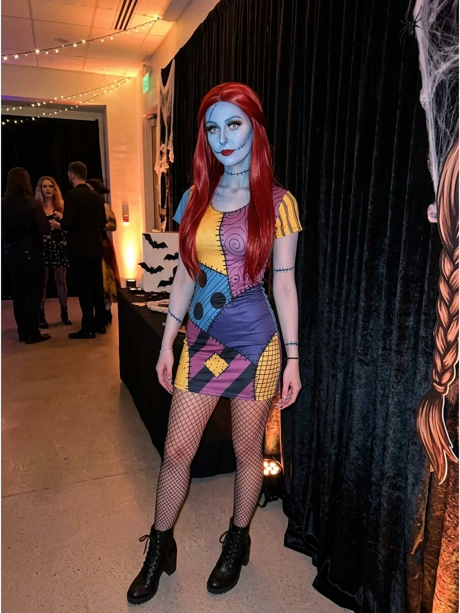 A glam version of Sally with a short patchwork dress and dramatic makeup.