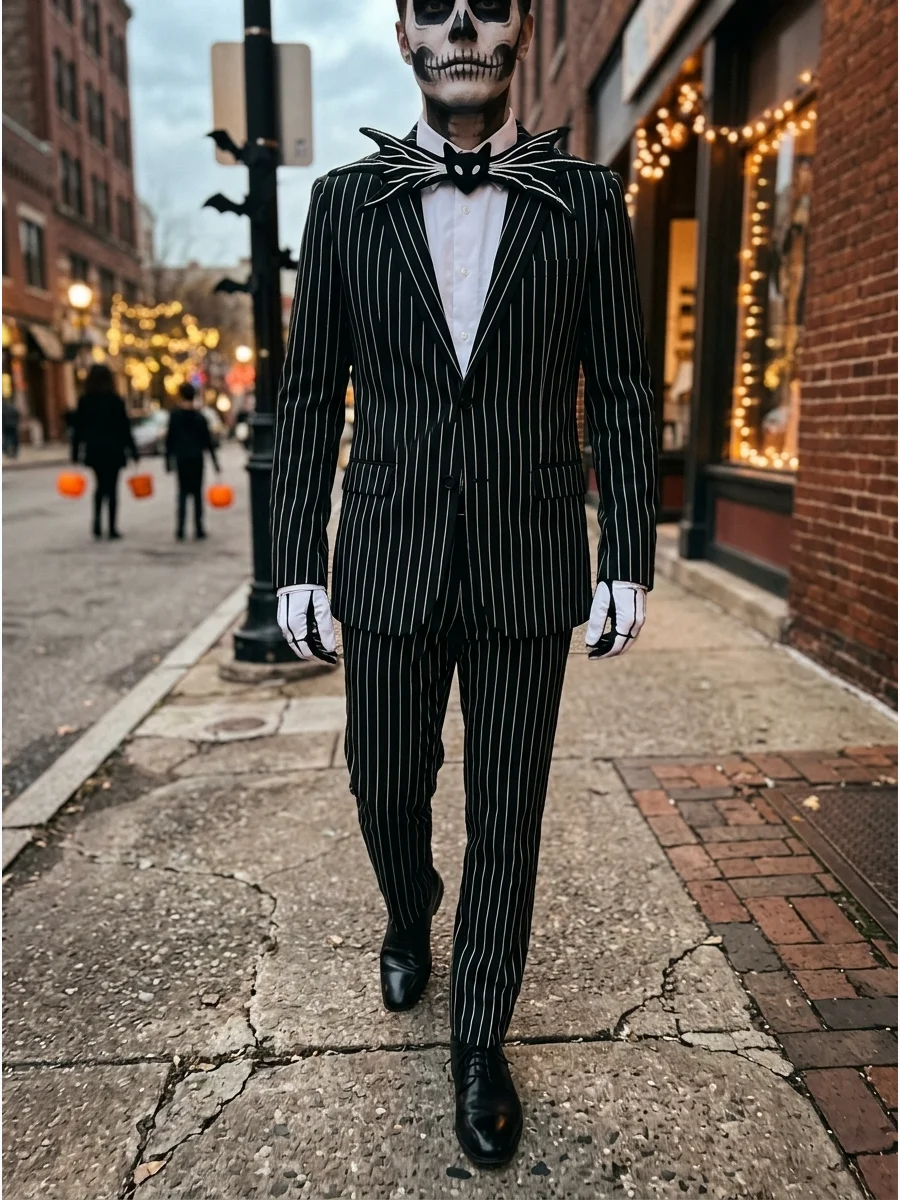 A Jack Skellington costume with a pinstripe suit and a large bat-shaped bow tie.