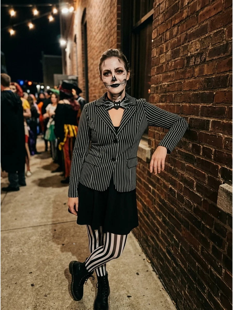 A feminine Jack Skellington costume featuring a blazer and striped tights.