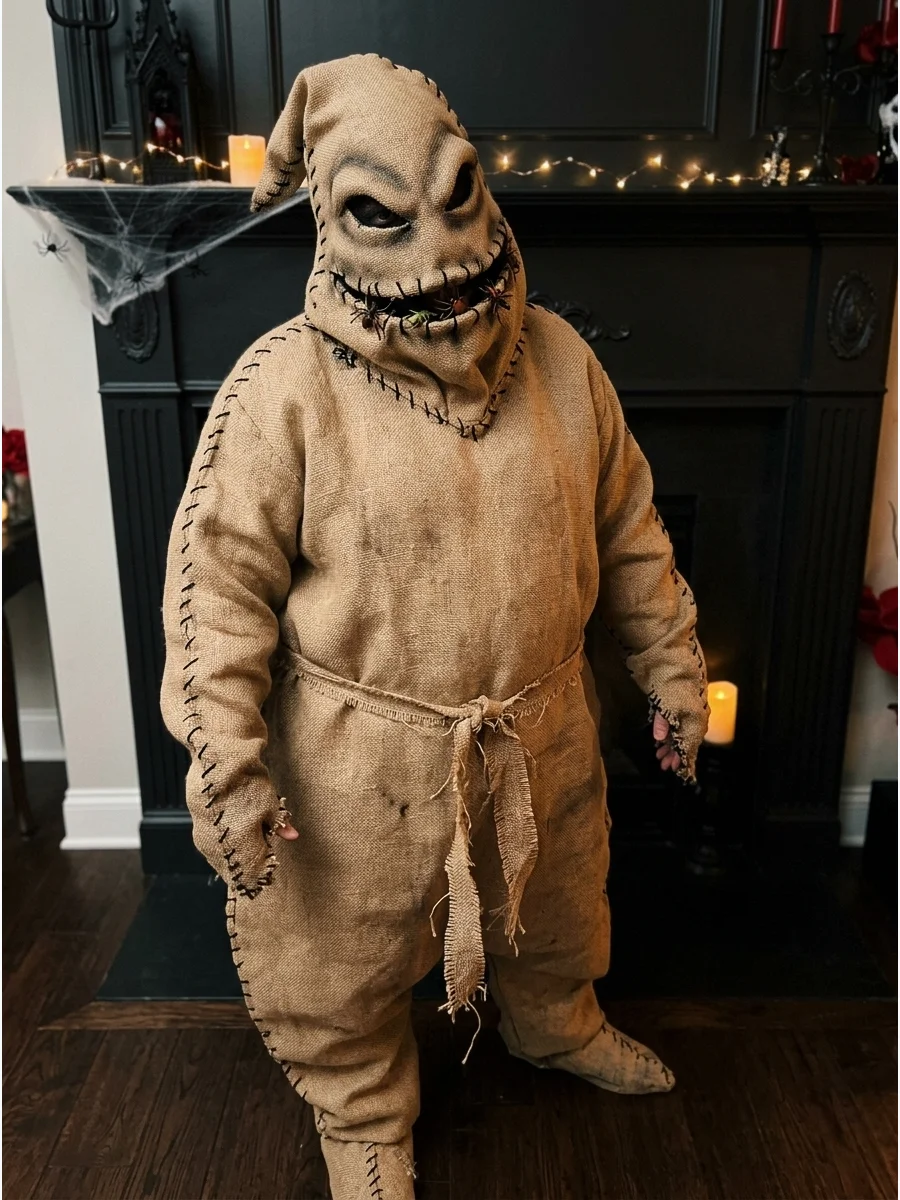 An Oogie Boogie costume made of tan burlap with visible black stitches.