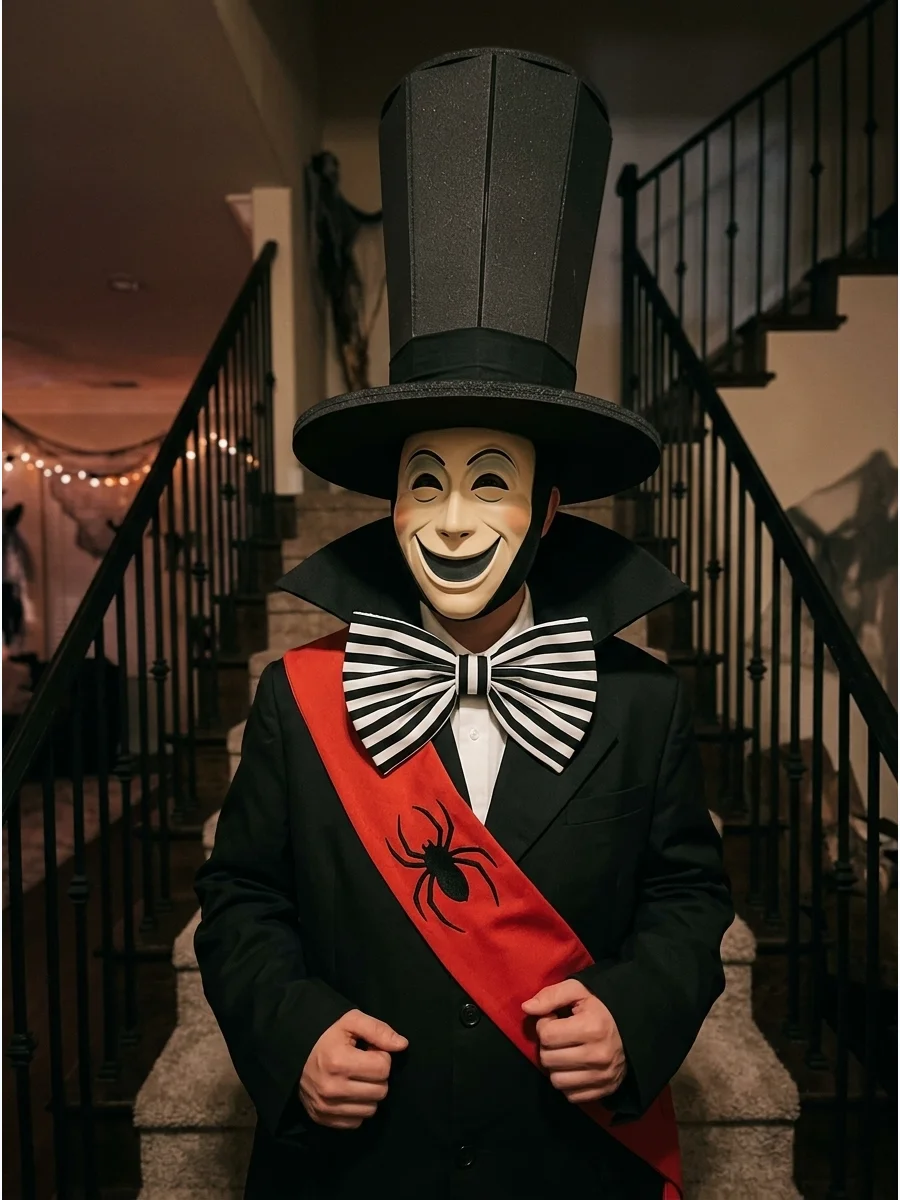 A Mayor of Halloween Town costume with a tall hat and a two-faced mask.