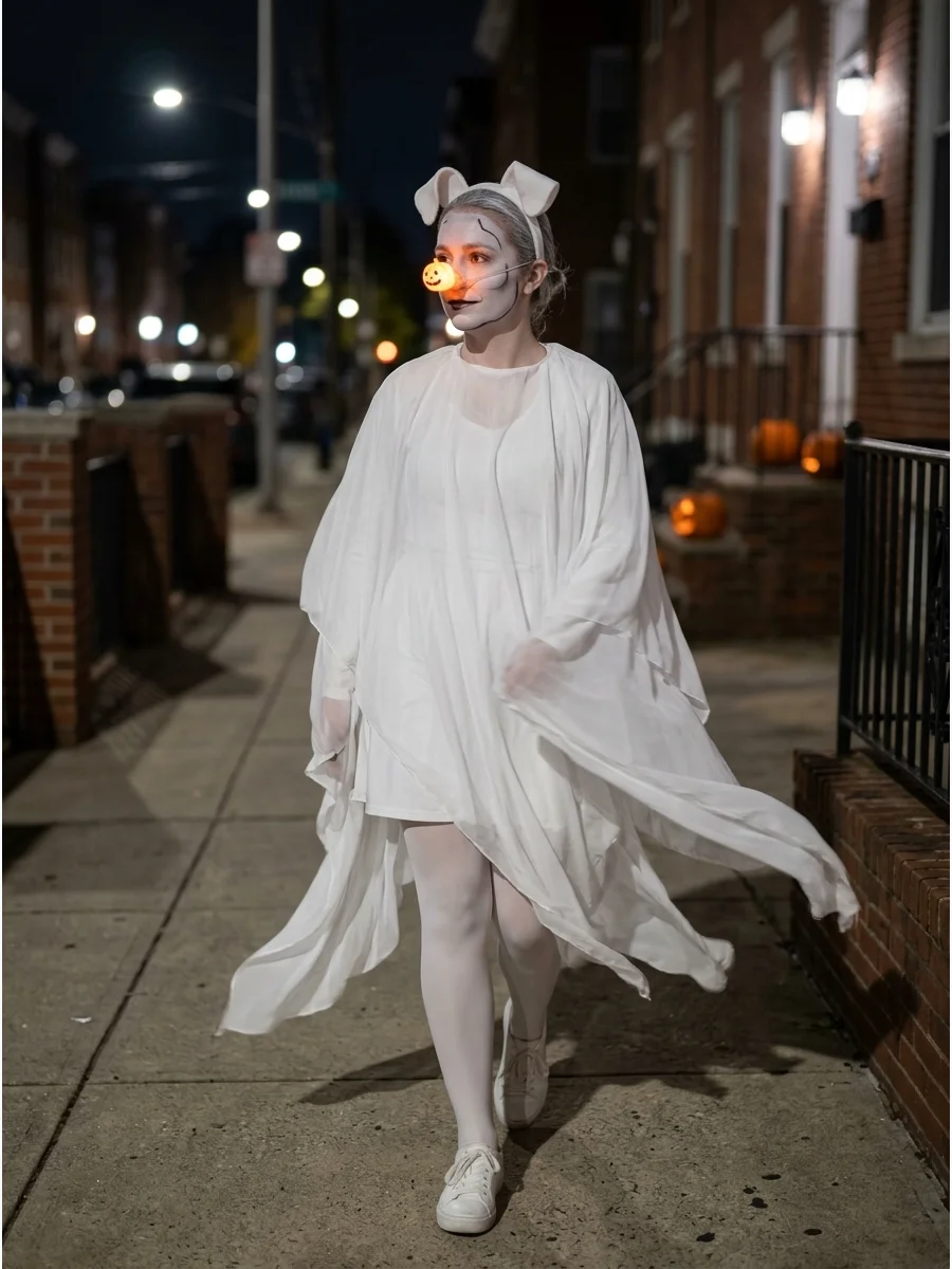 A human interpretation of Zero the ghost dog with white fabric and a glowing nose.