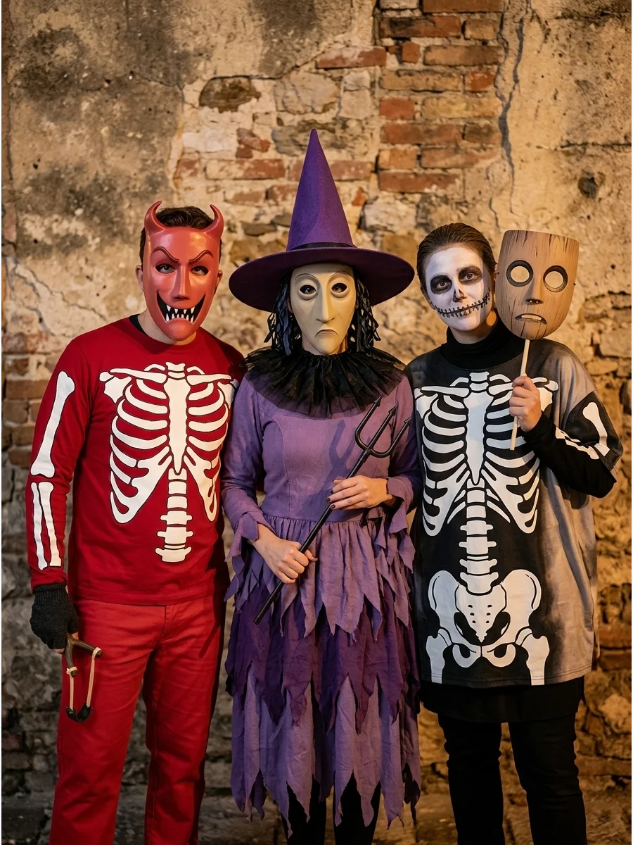 A group costume featuring Lock, Shock, and Barrel in their signature colors and masks.