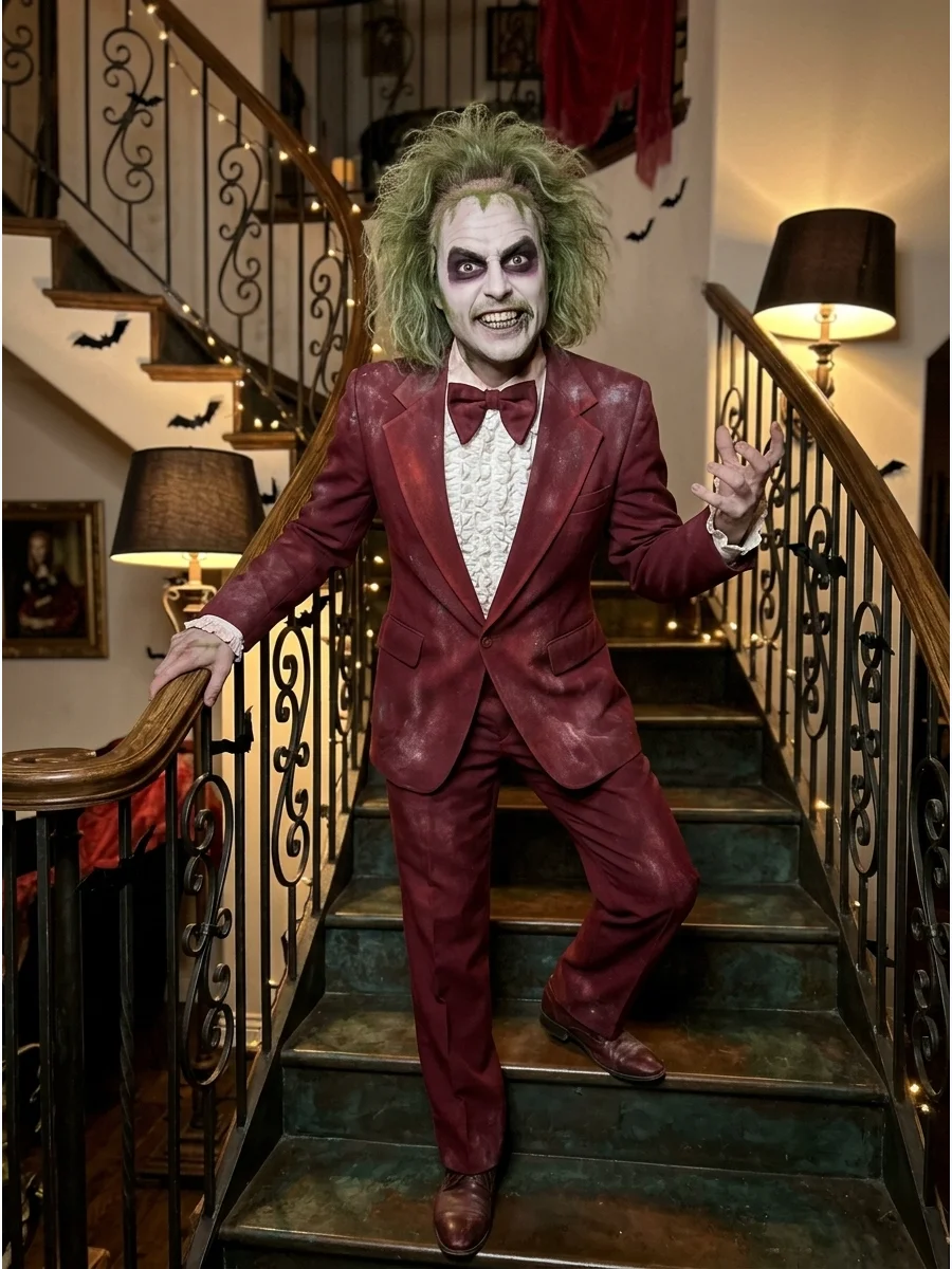 A man in a red wedding tuxedo with messy hair.