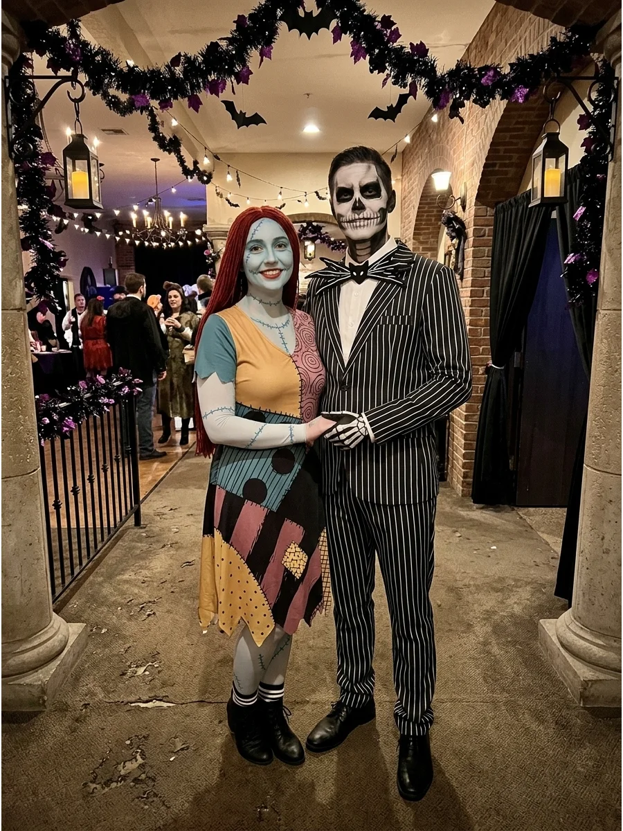 A Jack and Sally couples costume with pinstripes and patchwork details.