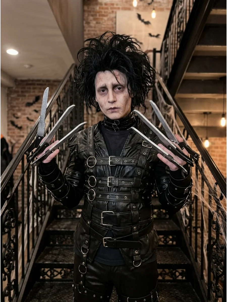 A person in a black leather Edward Scissorhands costume with foam blades on a dark staircase.