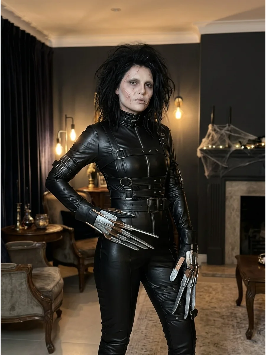 A woman wearing a feminine Edward Scissorhands costume with a buckled jumpsuit and messy hair.