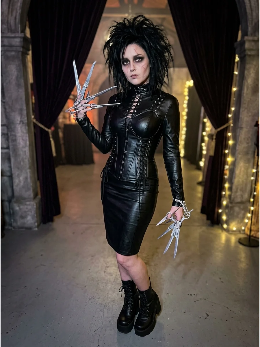A glam version of Edward Scissorhands with a black corset and platform boots in a hall.