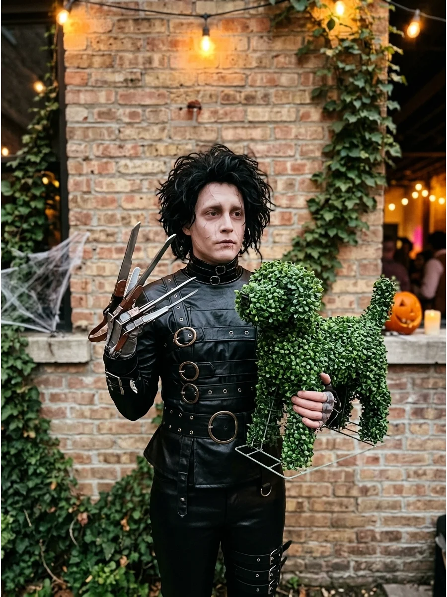 Edward Scissorhands costume with a green topiary prop against a red brick wall.