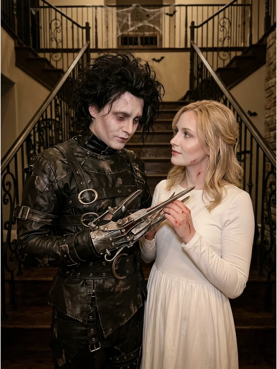 A couple in Edward Scissorhands and Kim costumes standing on a gothic staircase.