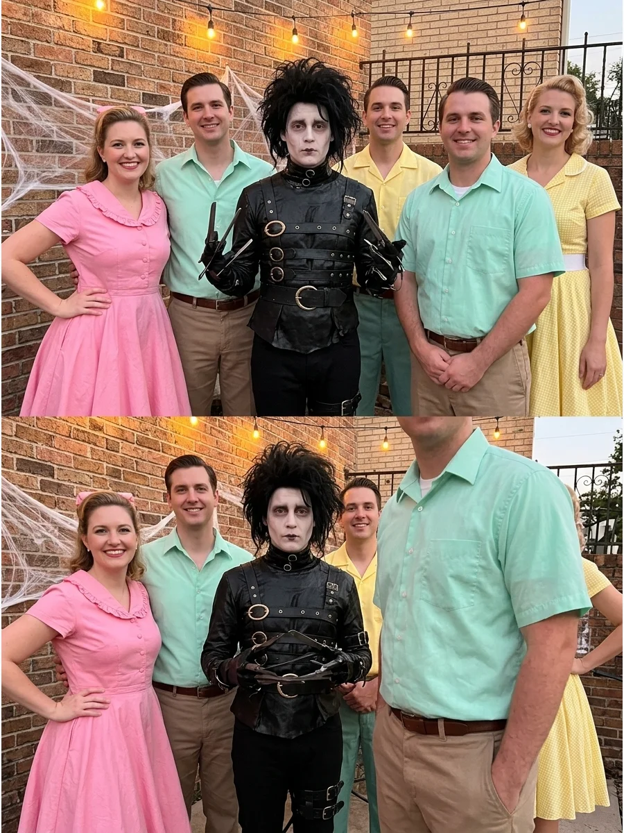 A group costume featuring one Edward Scissorhands and several people in pastel 1950s clothing.