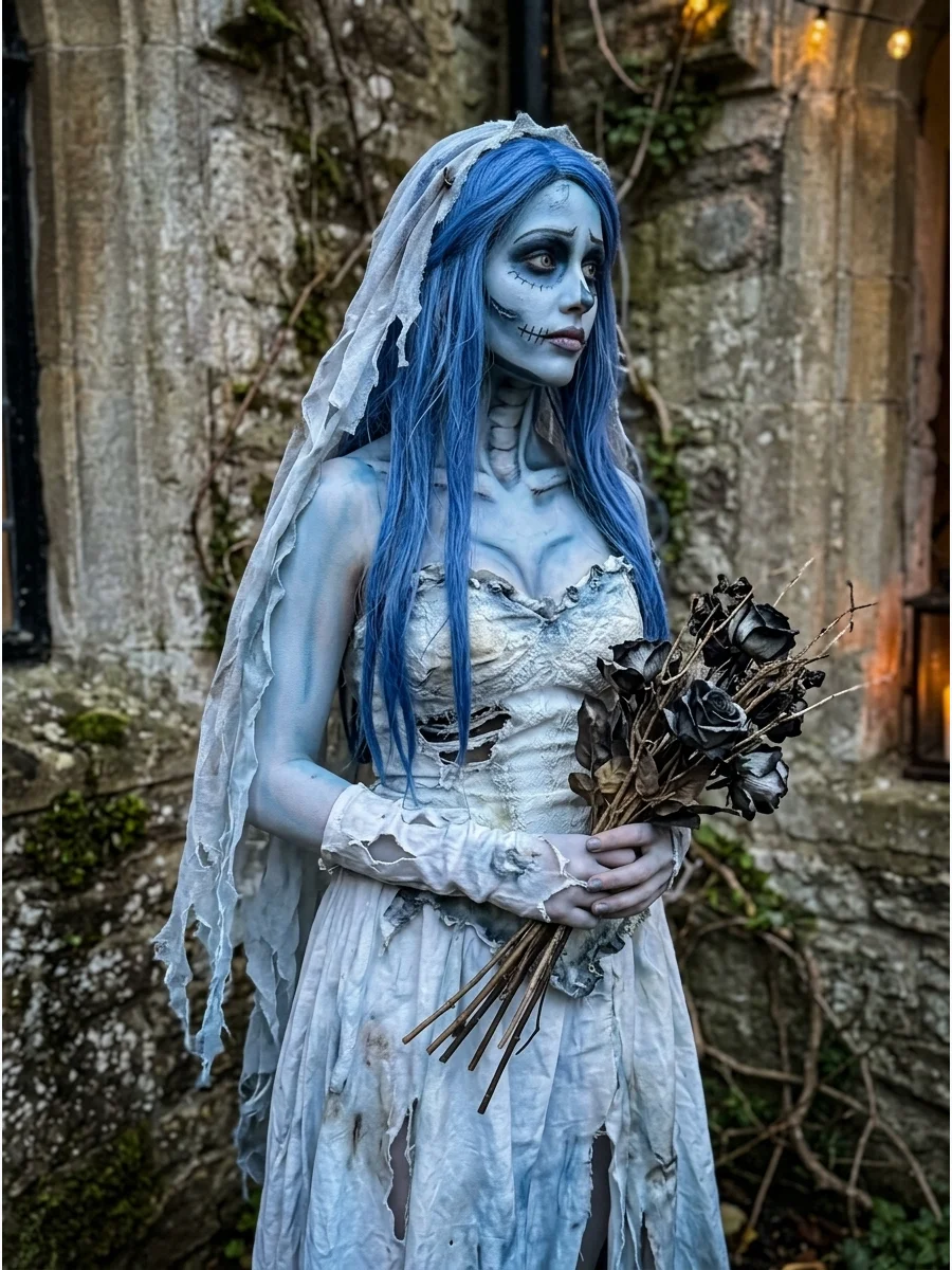 Classic Emily Corpse Bride costume with a tattered dress and blue skin makeup.