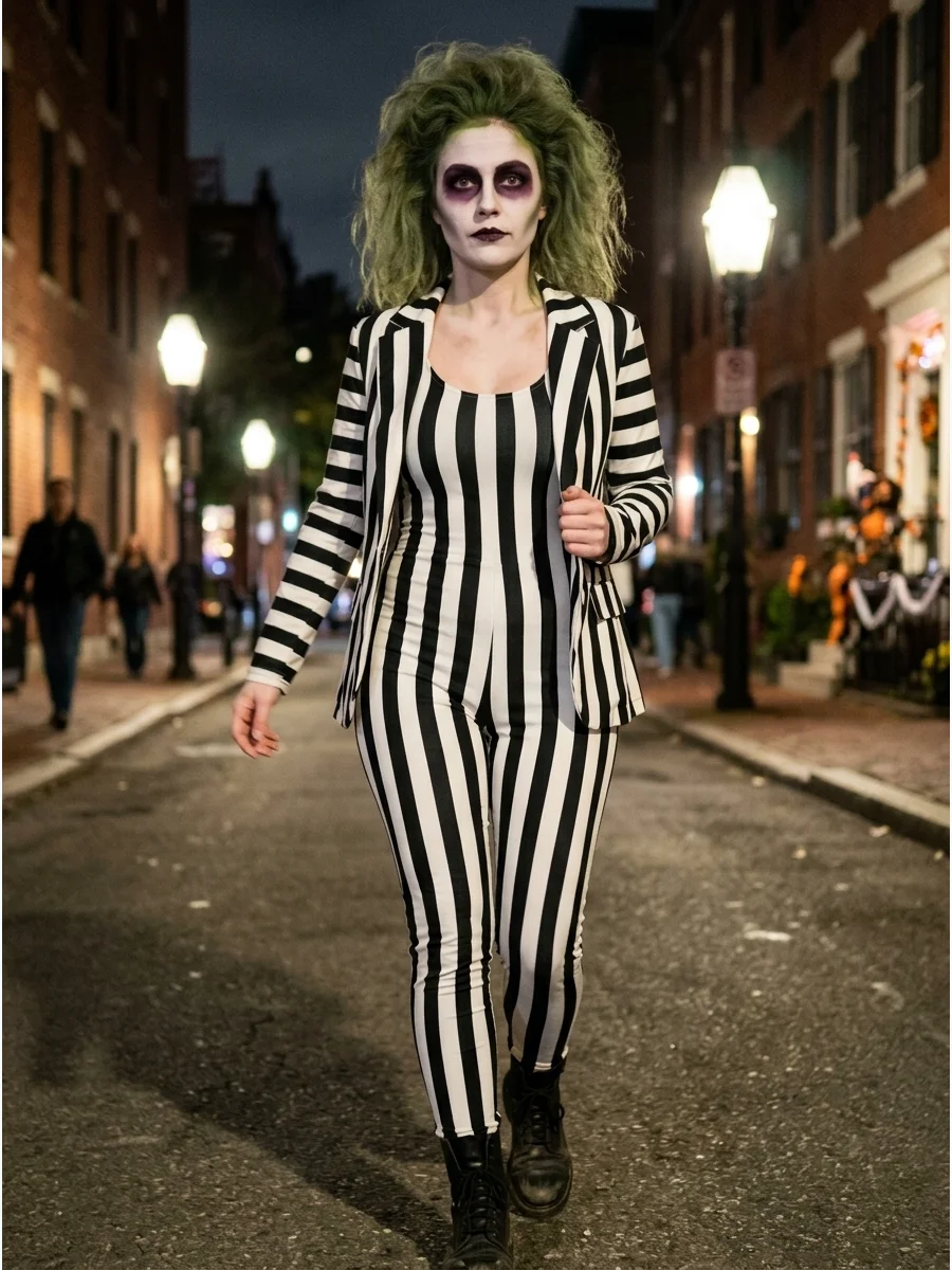 A woman wearing a striped jumpsuit and green hair.