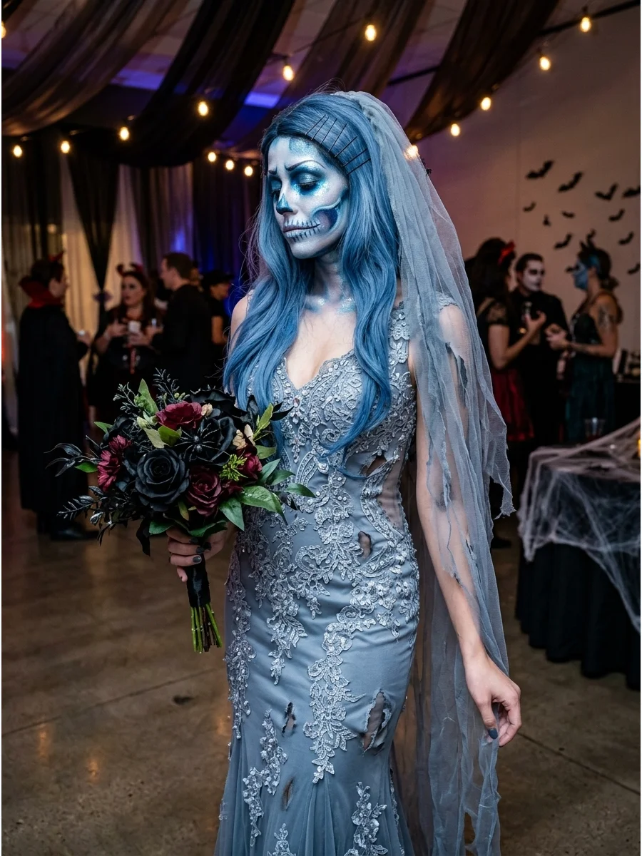 A glam Corpse Bride costume with a shimmering gown and a long blue wig.
