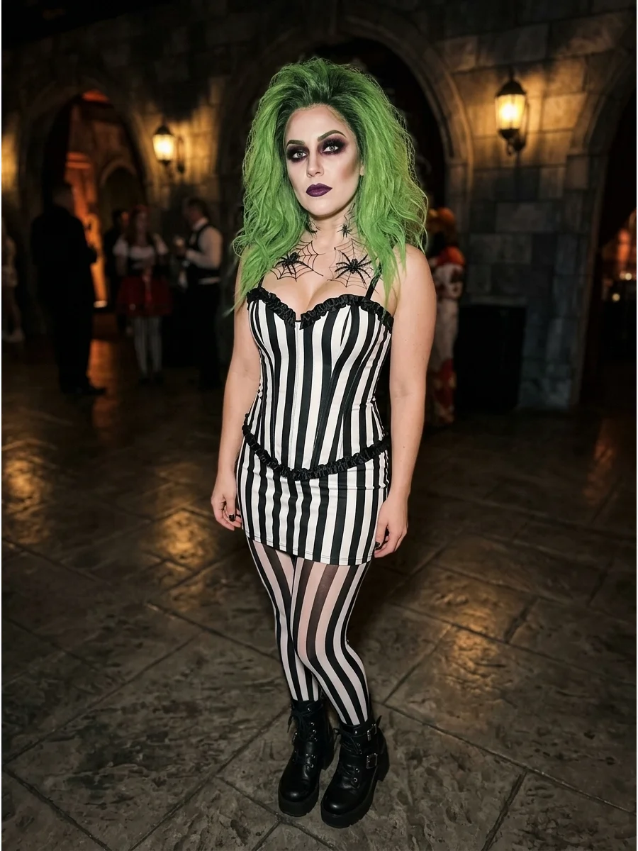 A person in a stylish striped dress with dramatic makeup.