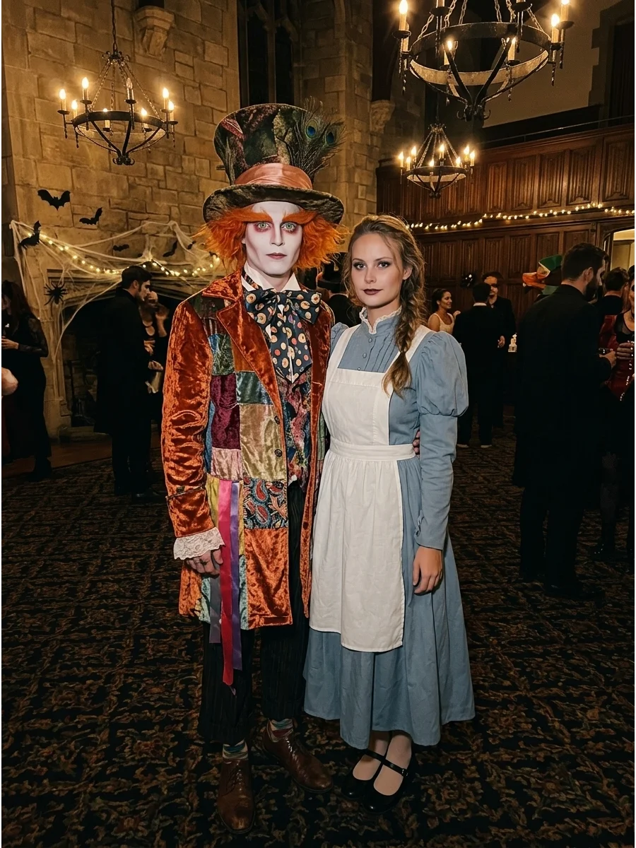A couple in Mad Hatter and Alice in Wonderland costumes posing in a large hall.