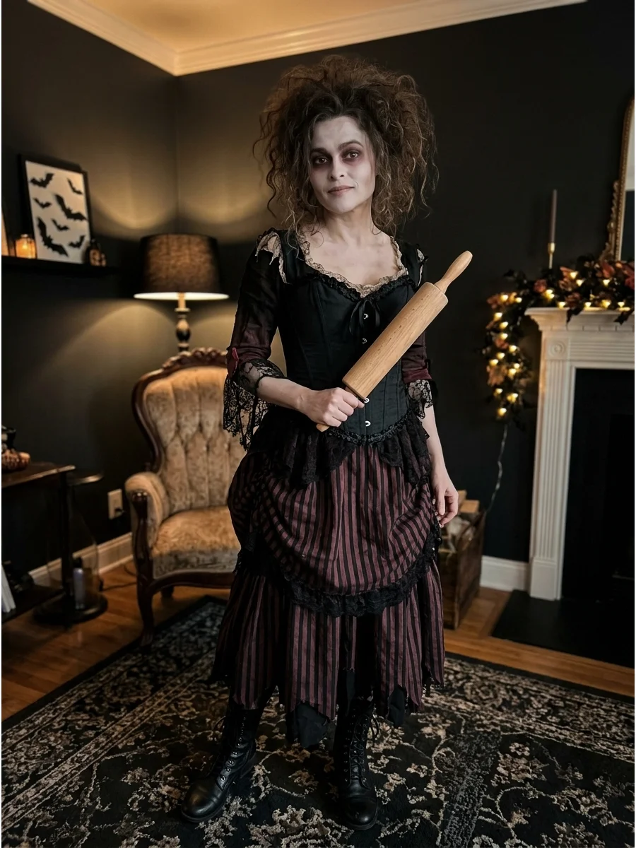 A woman in a Mrs. Lovett costume with messy hair in a dark living room.