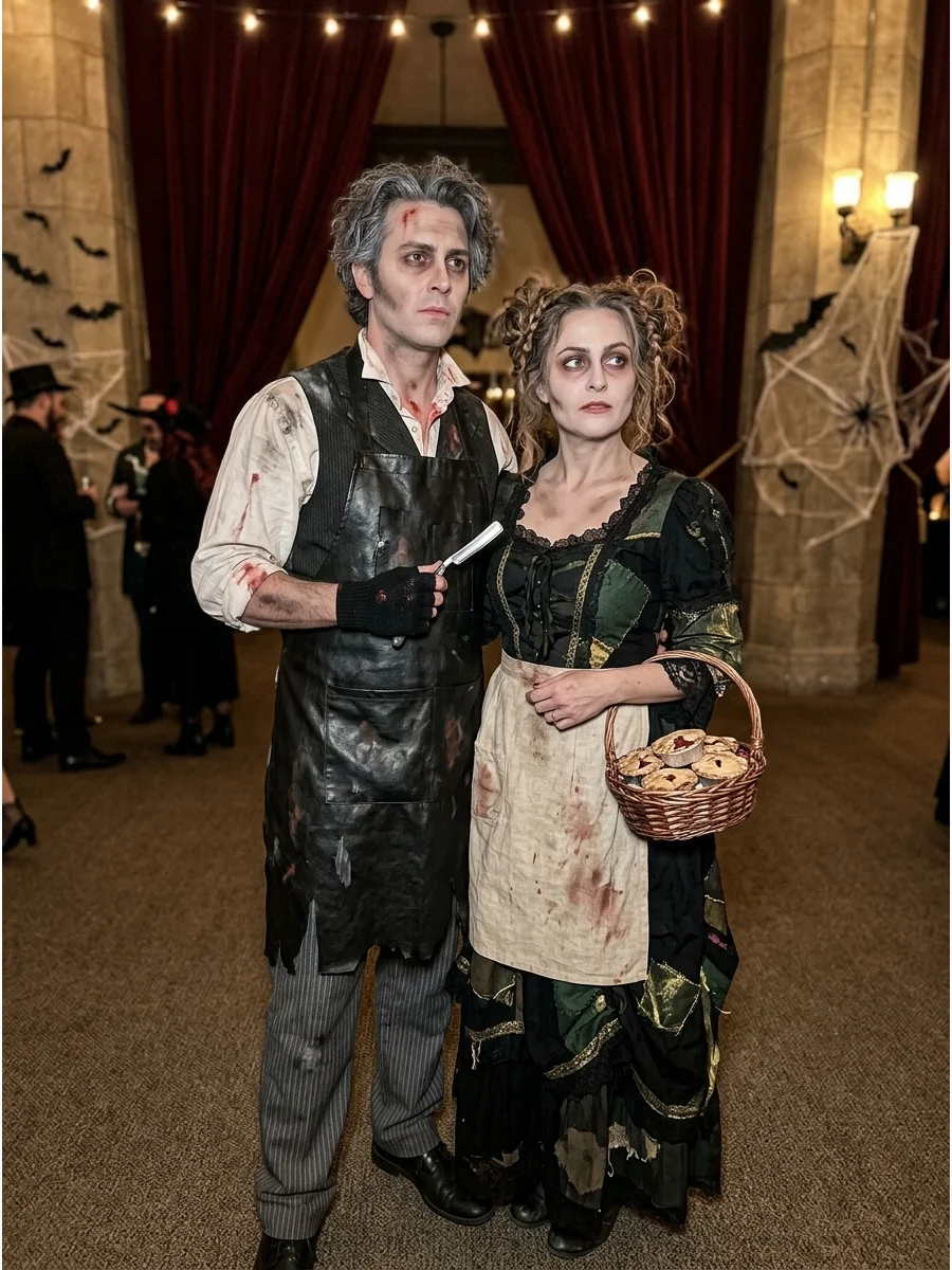A couple dressed as Sweeney Todd and Mrs. Lovett in a theatrical setting.