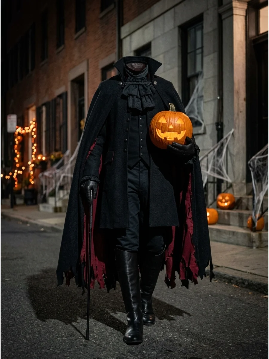 A person in a Headless Horseman costume carrying a pumpkin on a dark street.