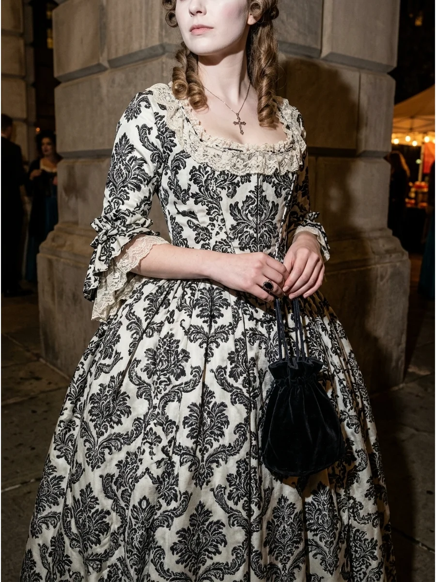 A woman in a Katrina Van Tassel period gown standing in front of a stone wall.