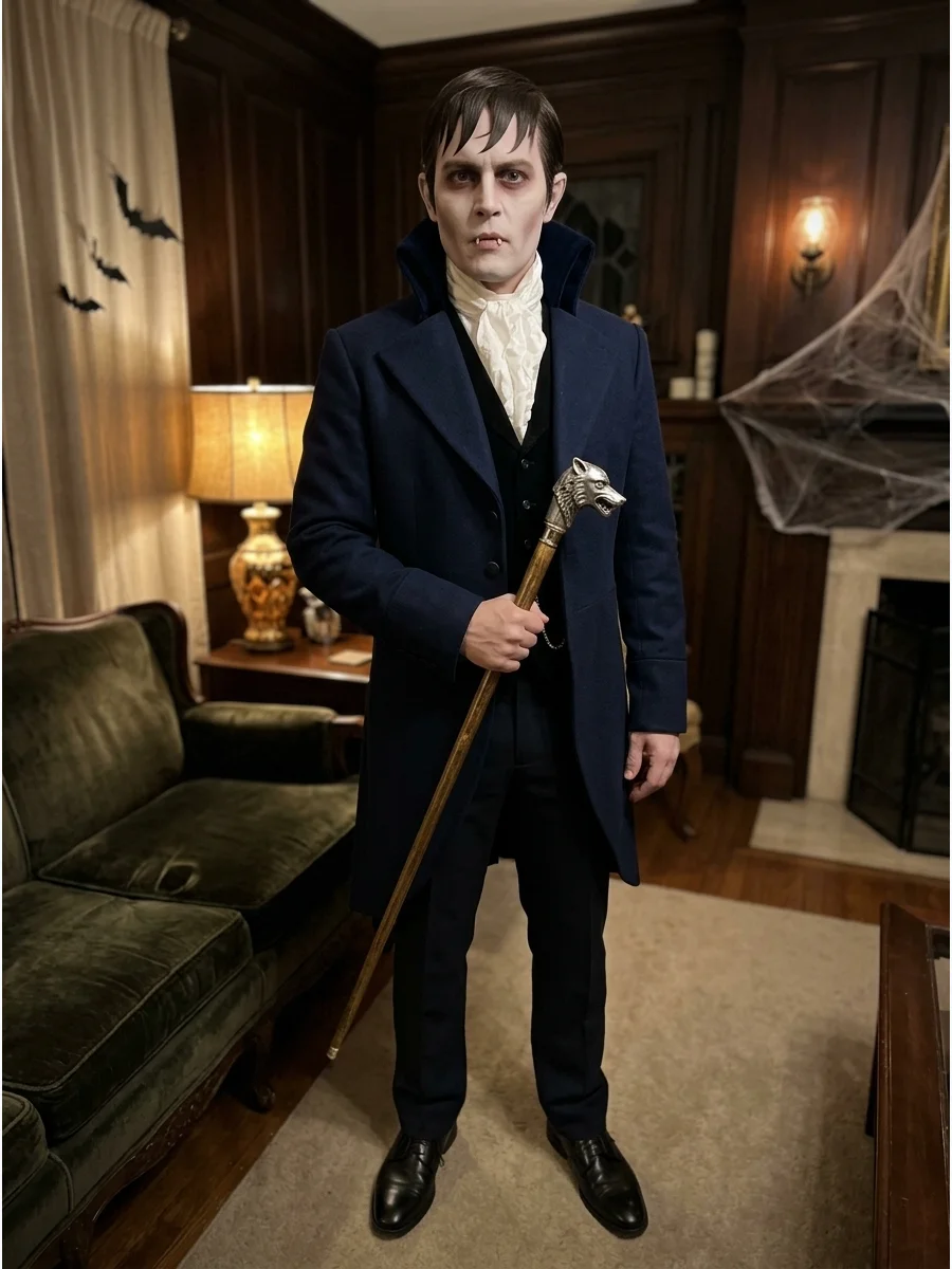 A man in a Barnabas Collins costume holding a cane in a gothic room.