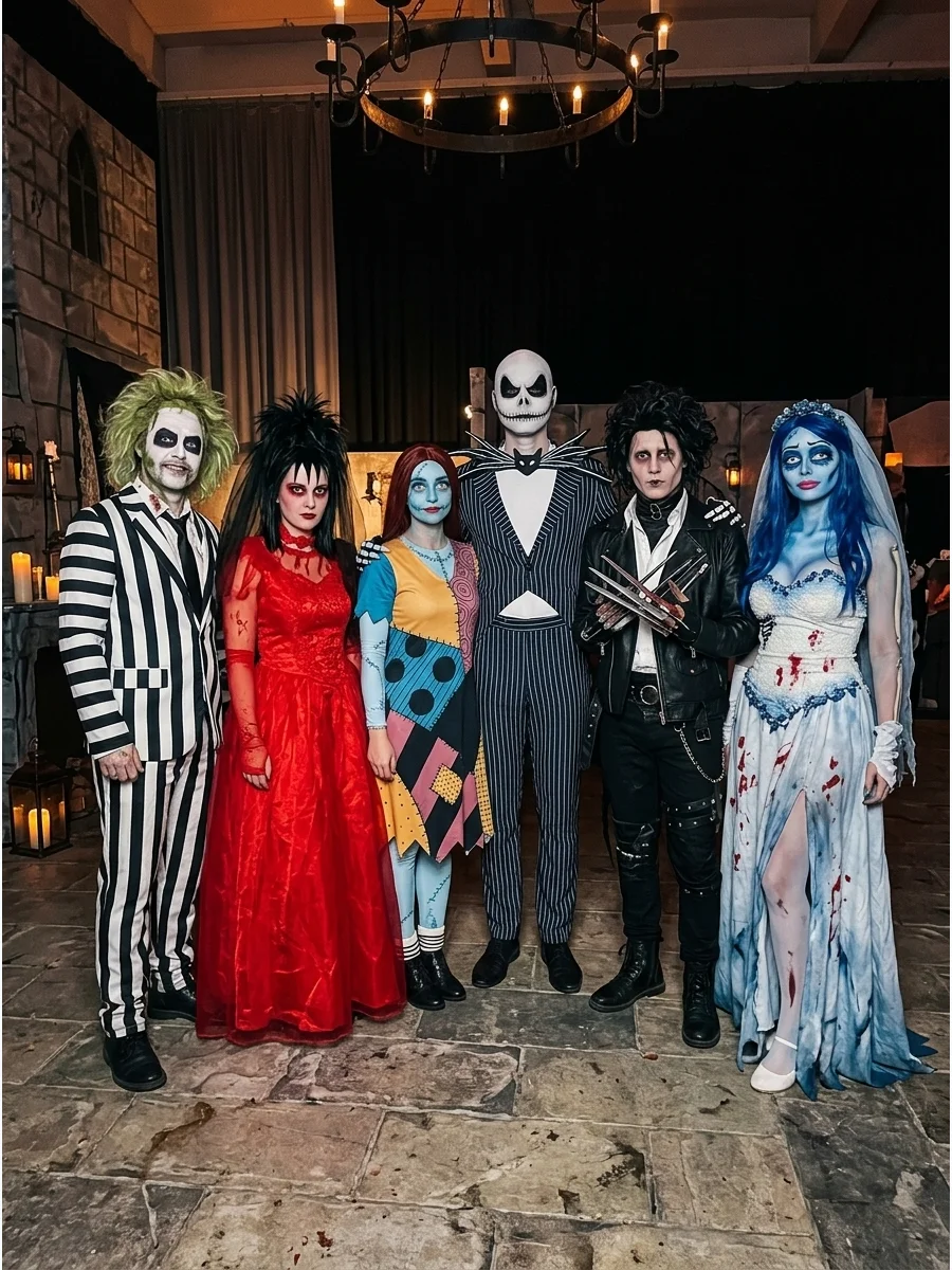 A group of people in different Tim Burton character costumes posing together.
