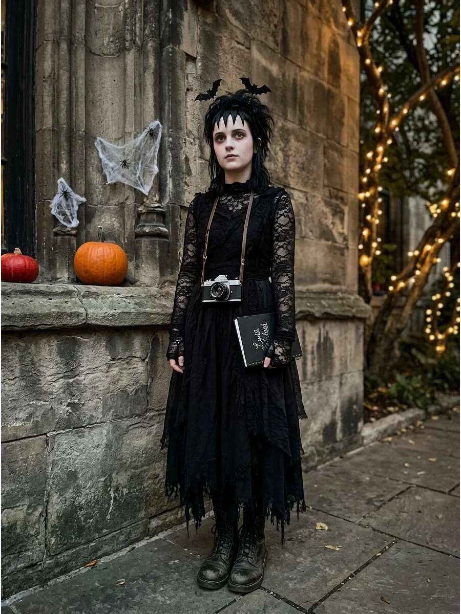 A girl in a black gothic dress holding a camera.