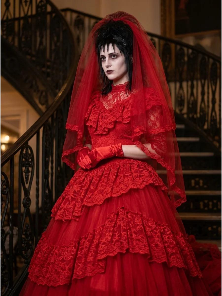 A woman in a bright red tiered wedding dress.