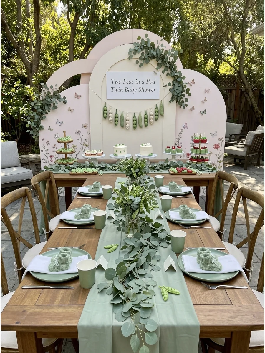 A garden baby shower table with sage green decor and pea pod accents.