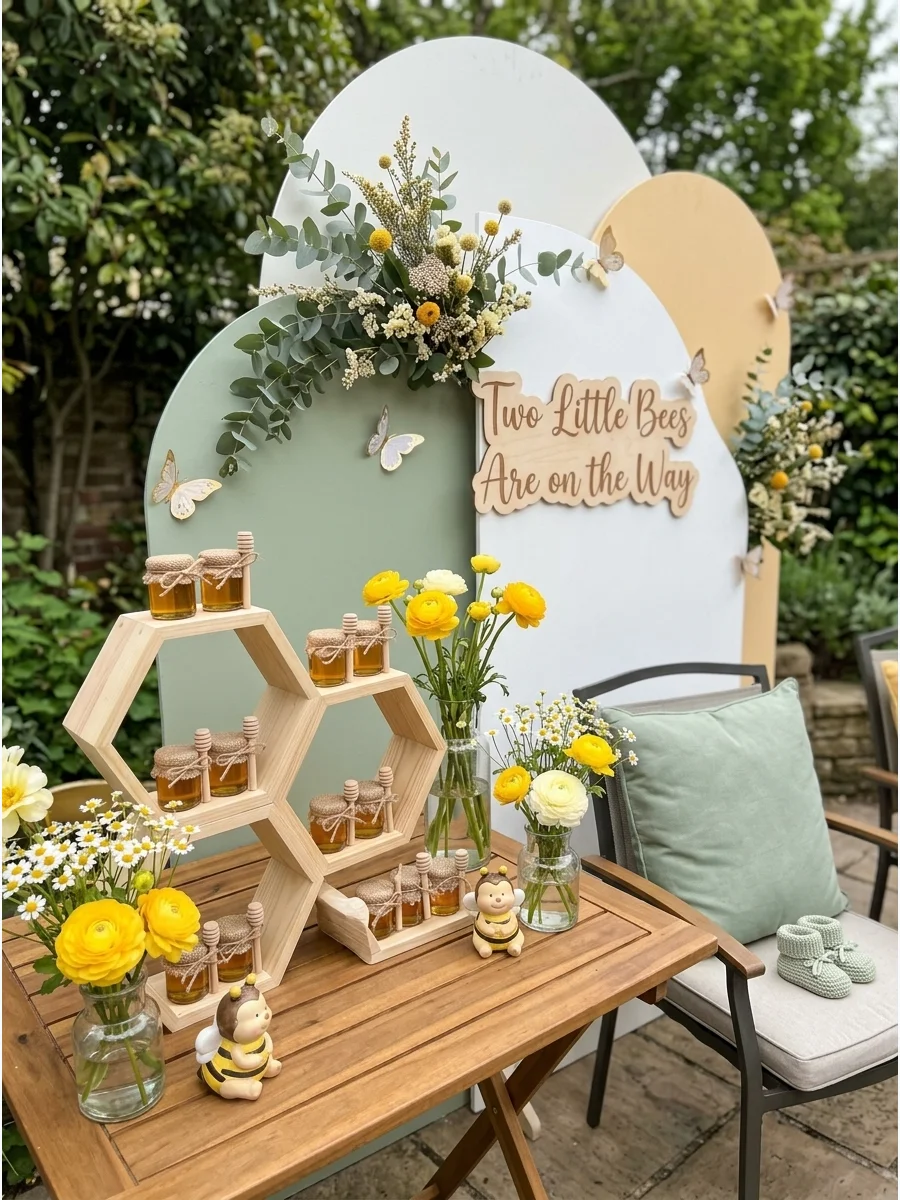 A bee-themed table setting with honeycomb shelves and yellow flowers.