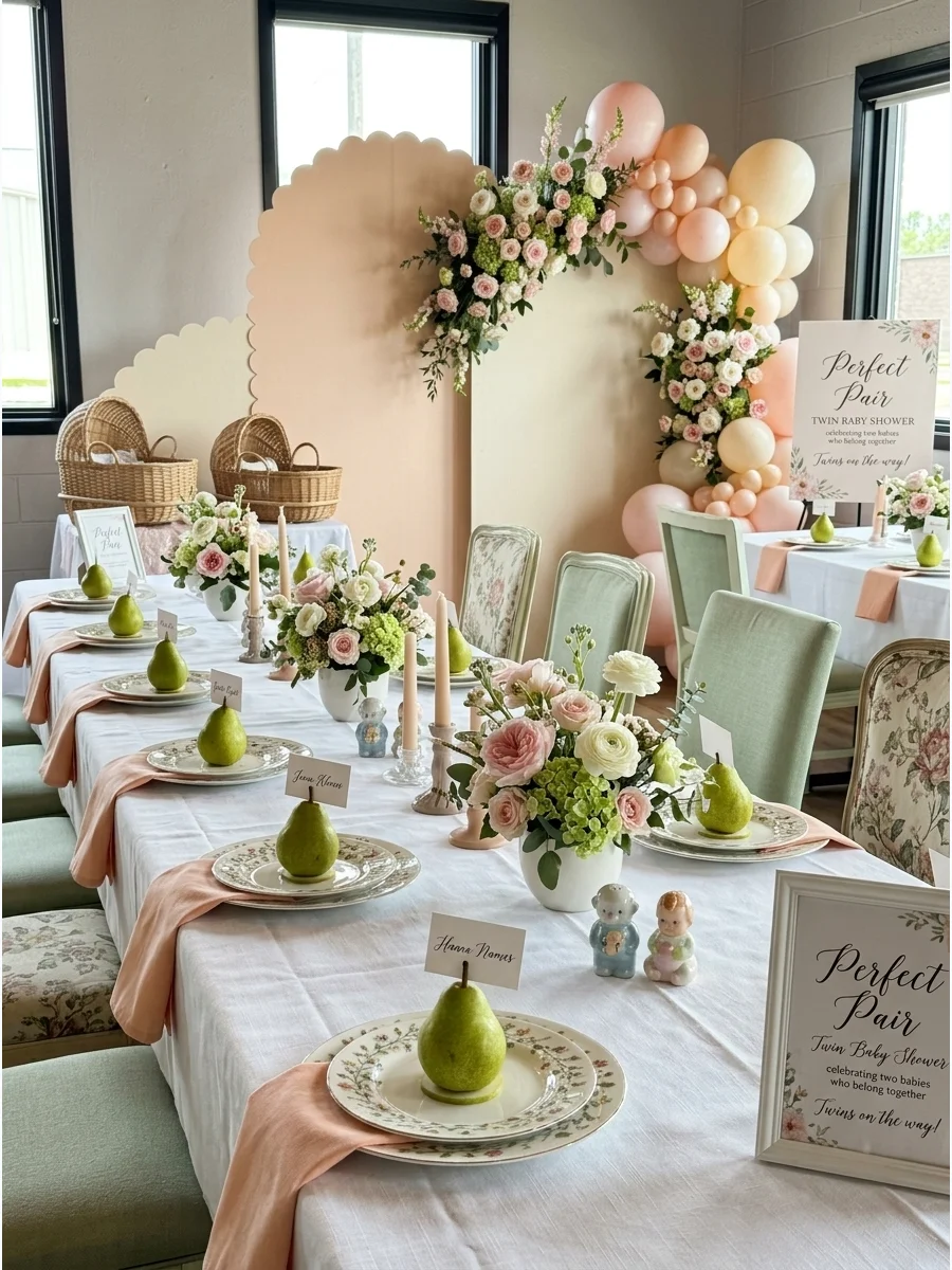 A tea room table set with pairs of pears and peach napkins for a twin shower.
