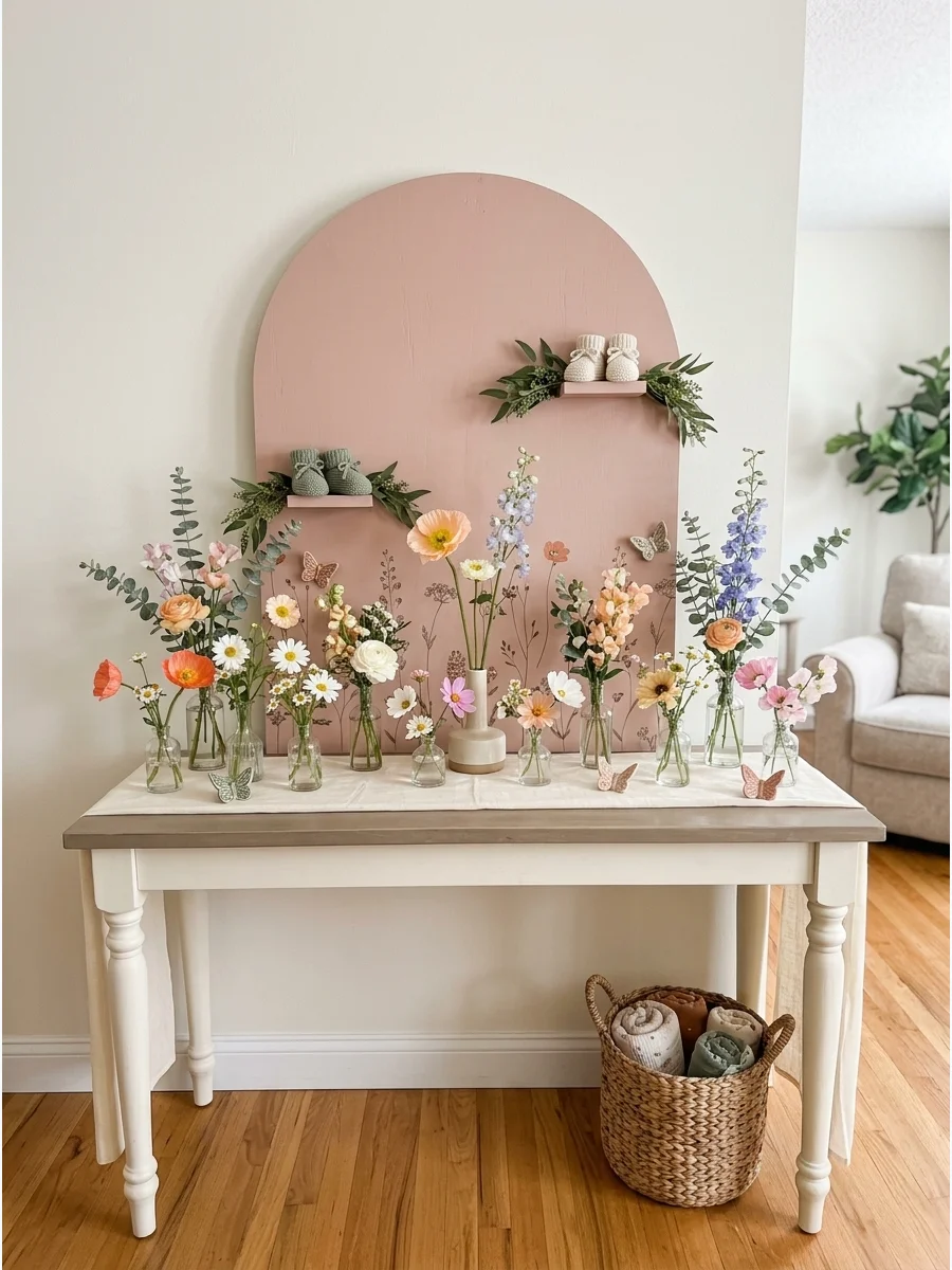 A dusty pink arched backdrop with wildflower vases in a bright living room.