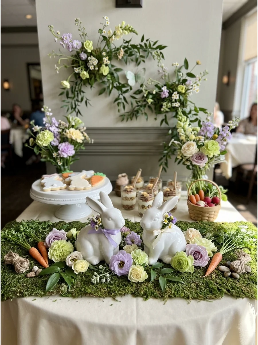 White ceramic bunnies on a green moss runner at a restaurant baby shower.