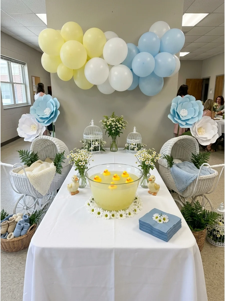 A glass punch bowl with rubber ducks and daisies in a community clubhouse.