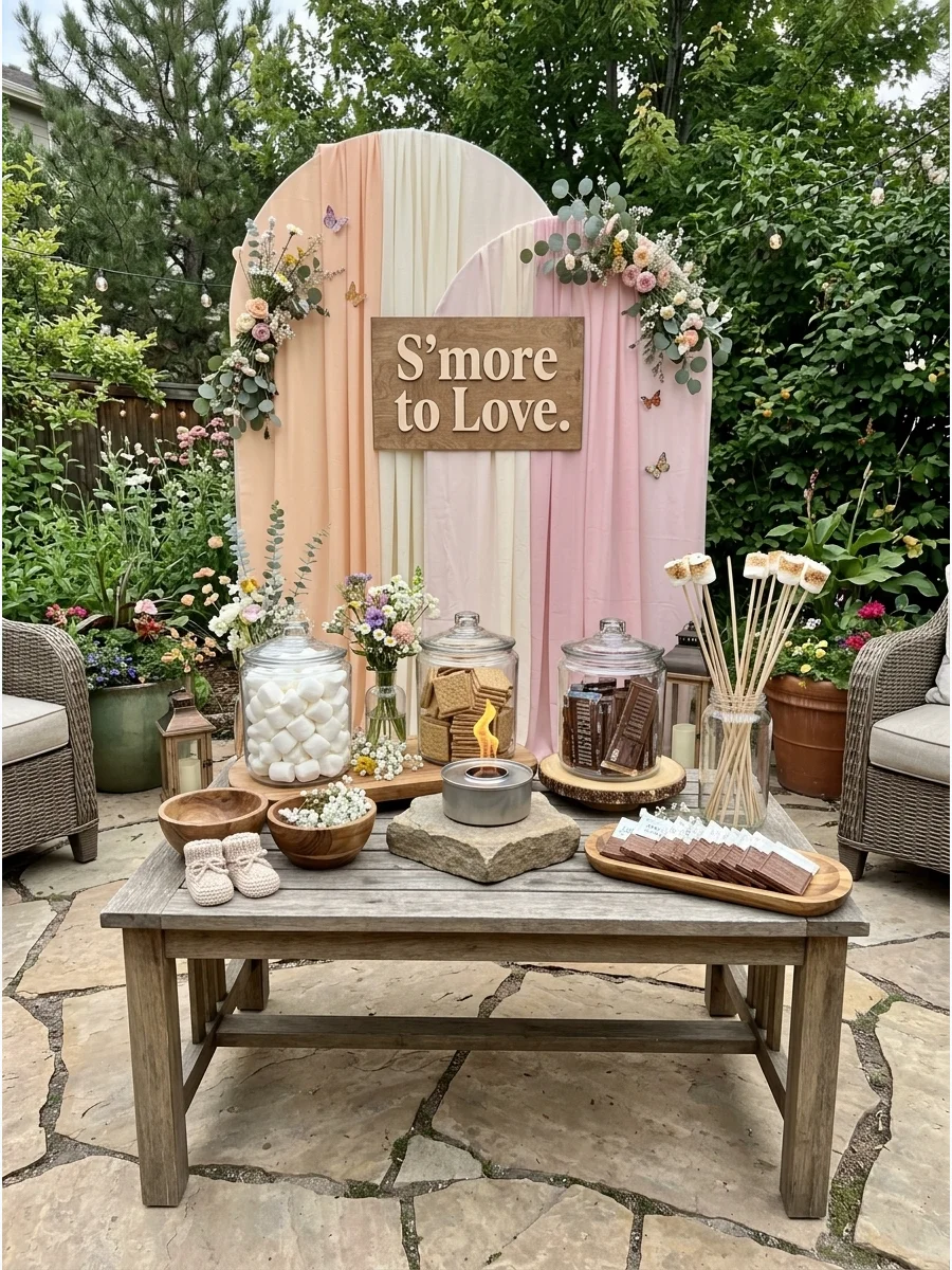 A s'mores dessert station with marshmallows and chocolate on an outdoor patio.
