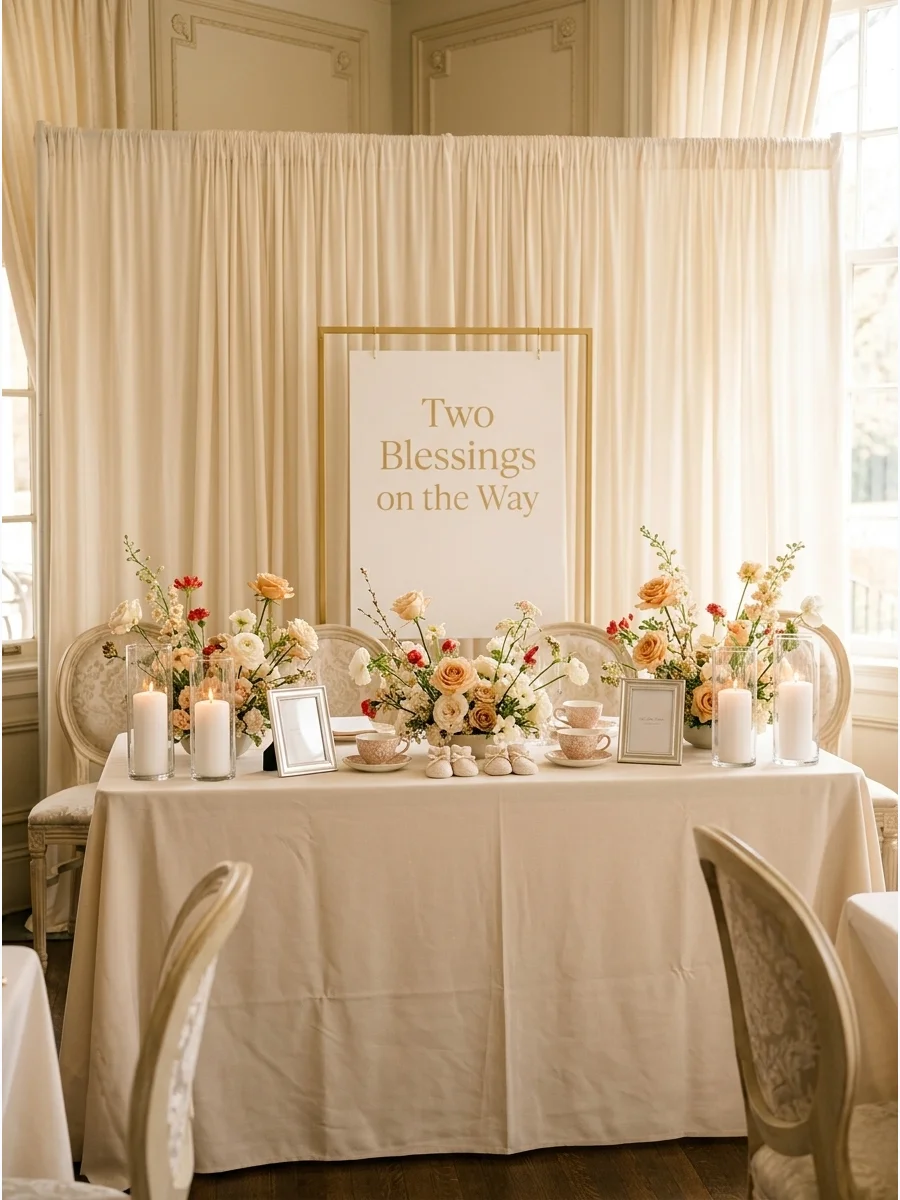 Elegant cream drapery and white candles in a boutique tea room.