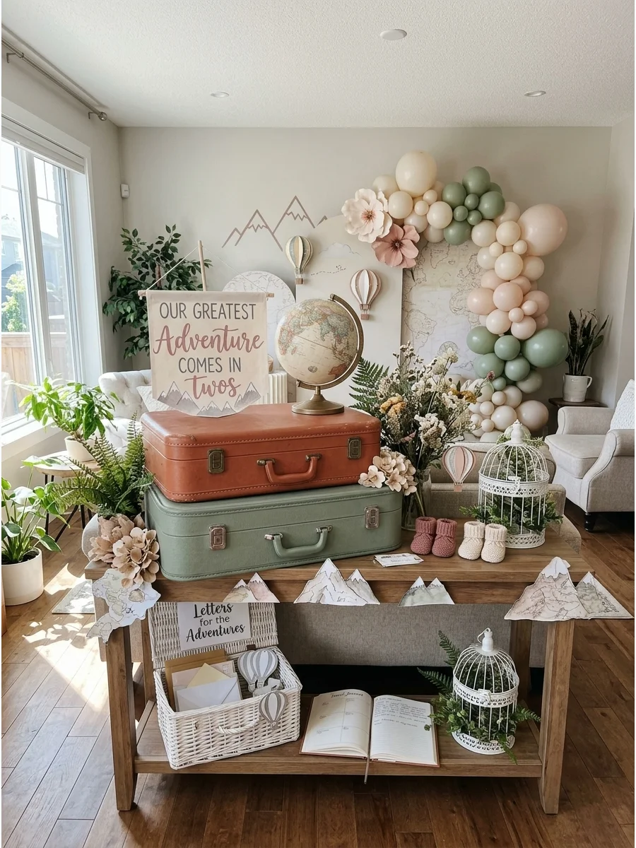 Vintage suitcases and a mountain banner for an adventure-themed twin shower.