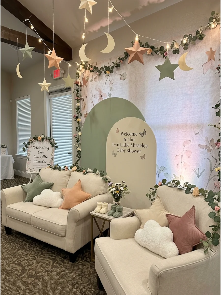 Star lights and soft cloud pillows in a lavender and blue decorated room.