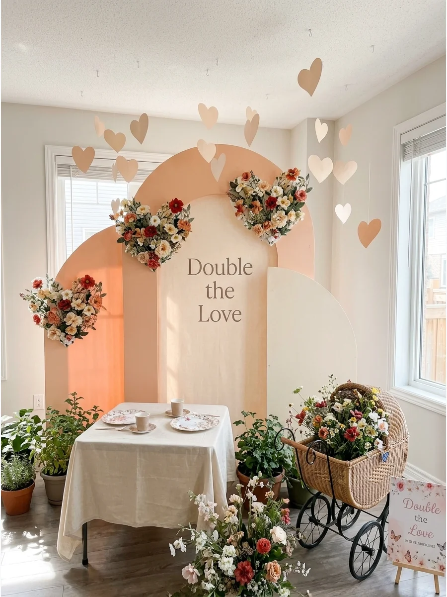 A peach and cream backdrop with heart decorations for a twin baby shower.